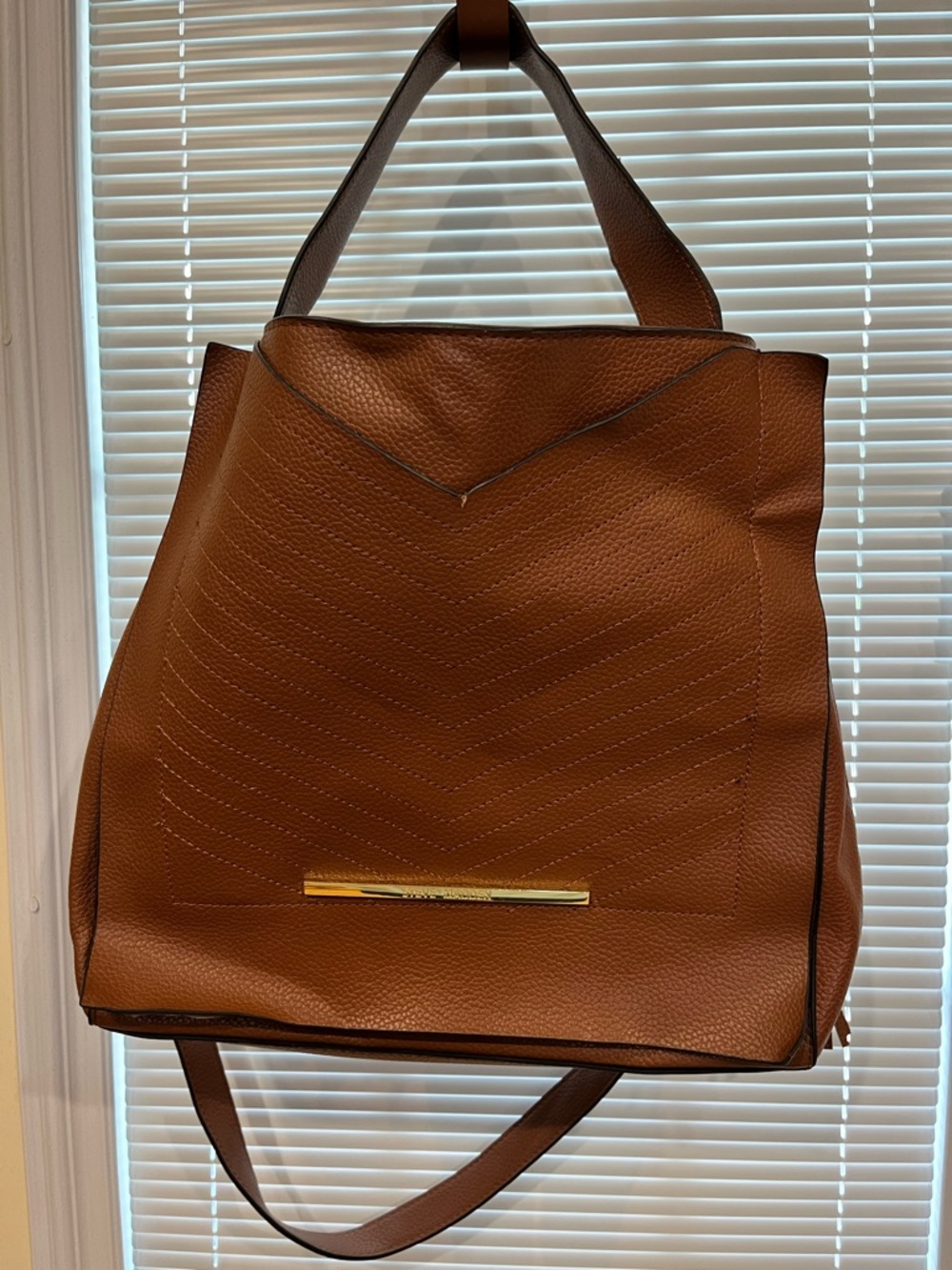Steve Madden Tan Chevron-Stamped Tote with Gold Bar